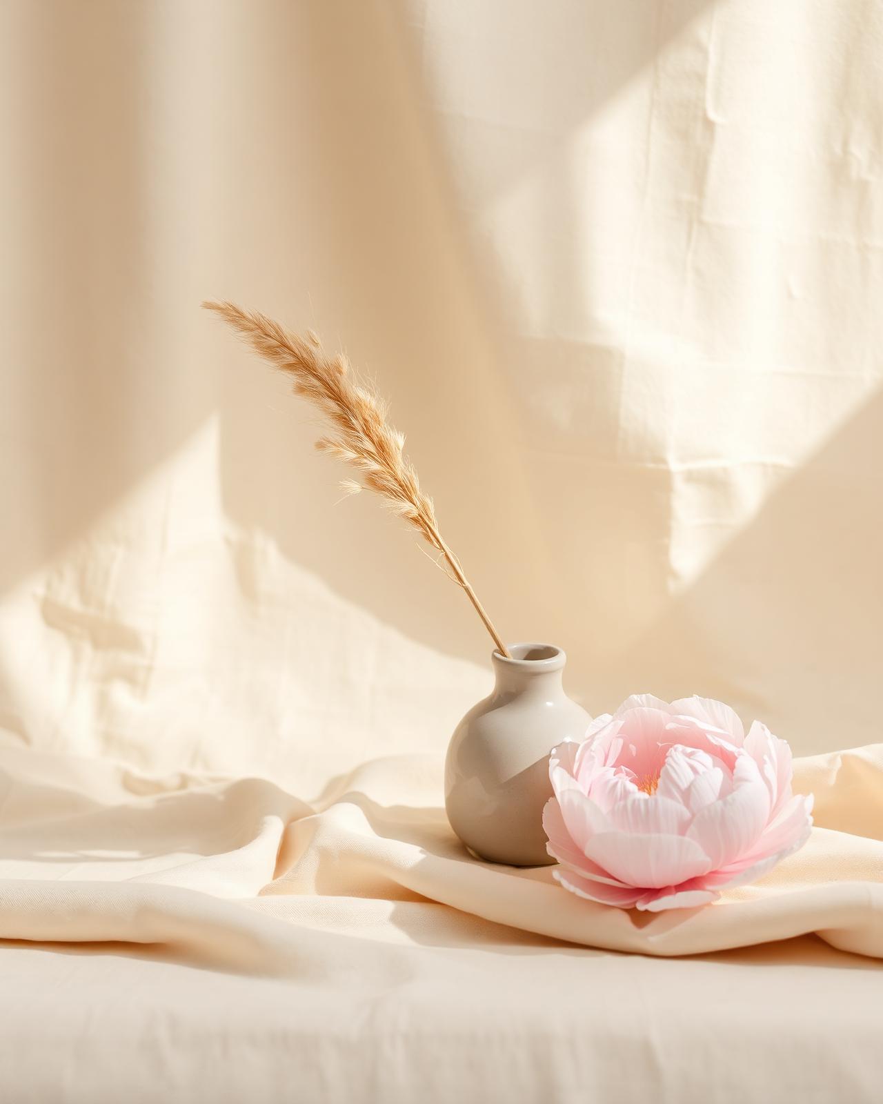 Stilleben med pioner och pampasgräs i mjuka kräm- och rosa toner